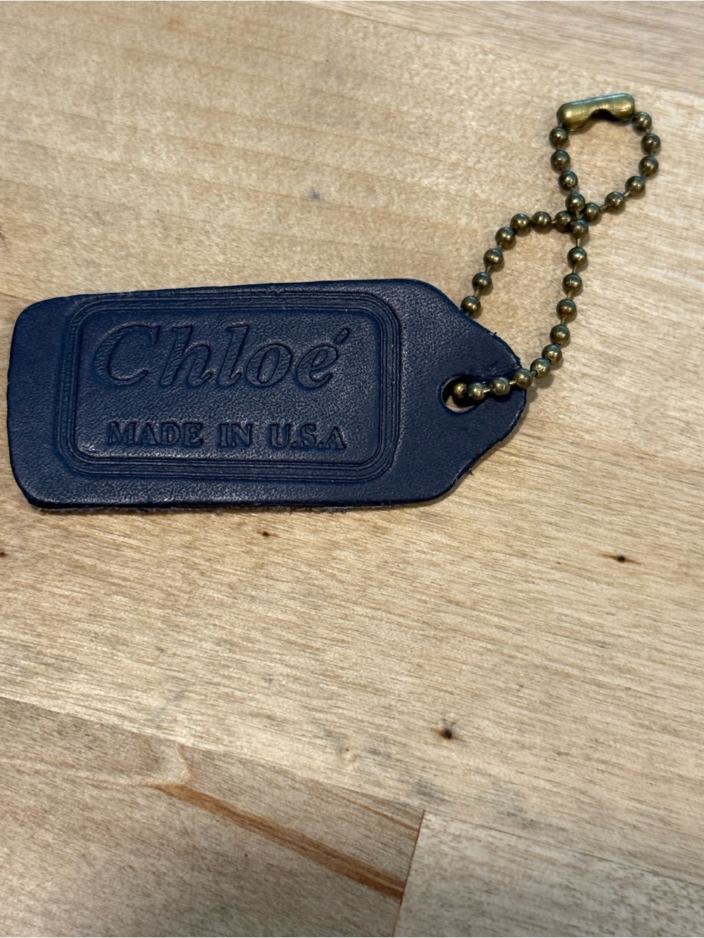 Vintage Chloé Navy Leather Tag Keychain with Brass Ball Chain